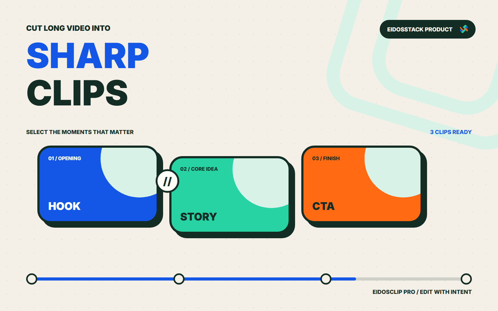 EidosClip editing timeline with video, caption, audio, and brand tracks ready to export